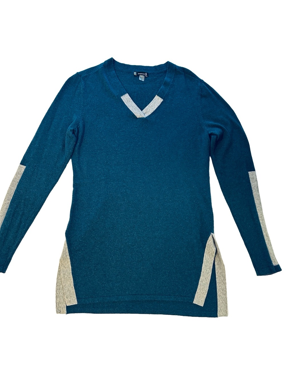 Smart Wool Warm  Layers Blue V-Neck Sweater with Gray  Trim